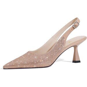 🆕Women's Cream Kitten Heels Slingback Low Heel Shoes Pumps Pointed Toe Sparkly